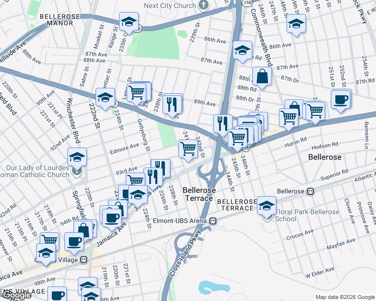map of restaurants, bars, coffee shops, grocery stores, and more near 92-36 242nd Street in Queens