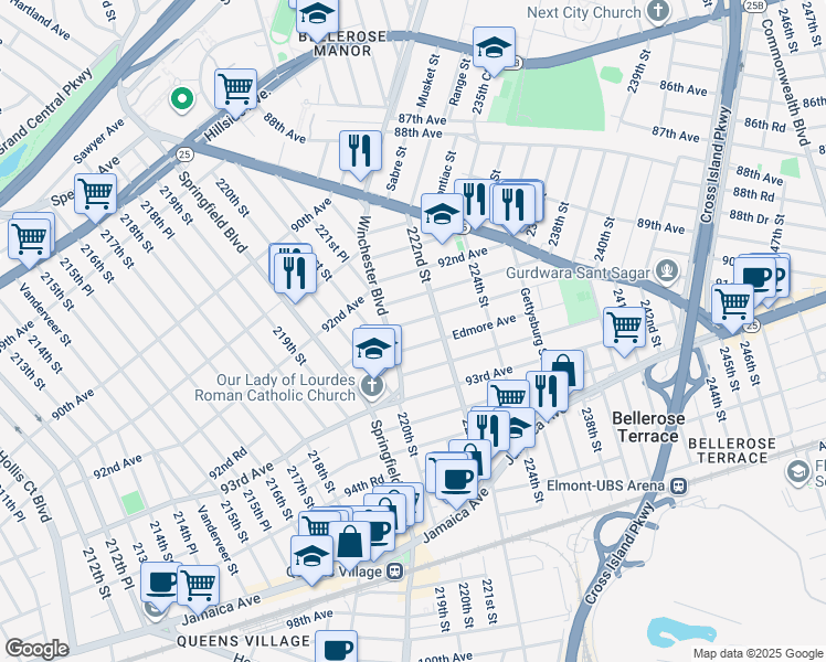 map of restaurants, bars, coffee shops, grocery stores, and more near 221-36 Davenport Avenue in Queens