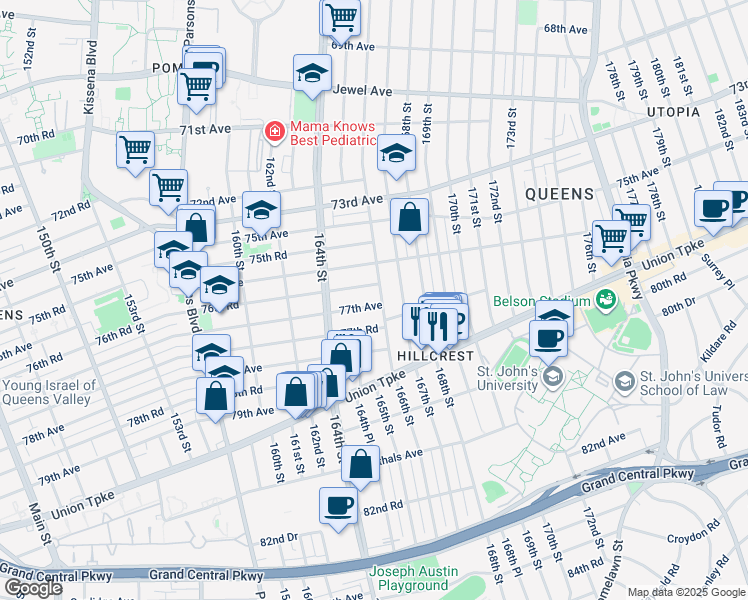 map of restaurants, bars, coffee shops, grocery stores, and more near 164-38 76th Road in Queens
