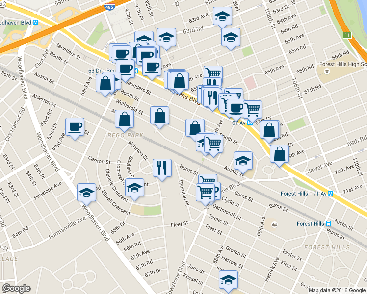 map of restaurants, bars, coffee shops, grocery stores, and more near 66-17 Austin Street in Queens