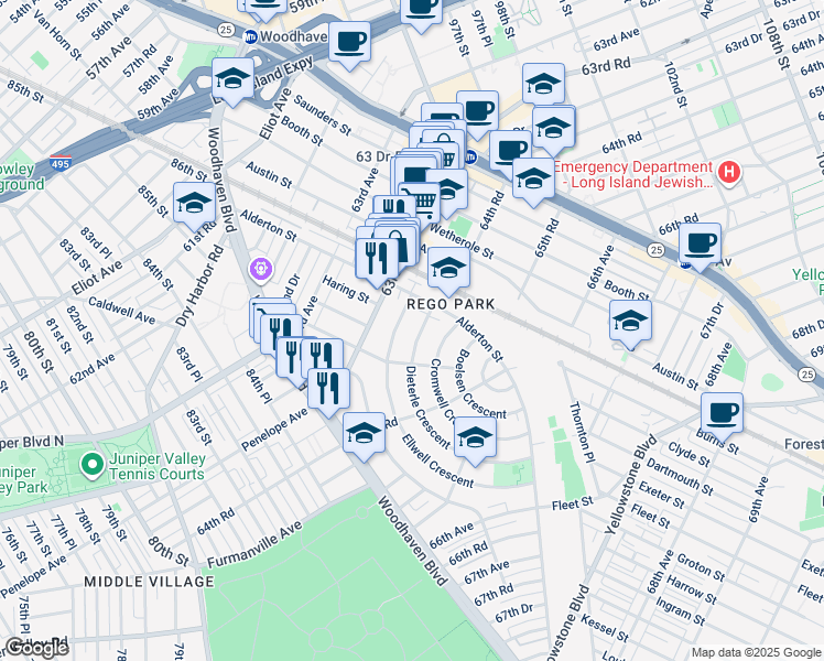 map of restaurants, bars, coffee shops, grocery stores, and more near 62-33 Ellwell Crescent in Queens