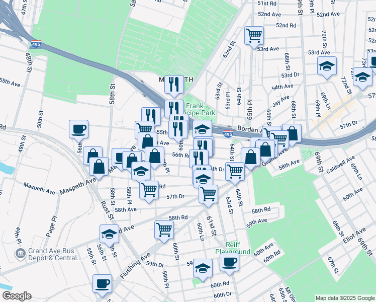 map of restaurants, bars, coffee shops, grocery stores, and more near 60-36 56th Avenue in Queens