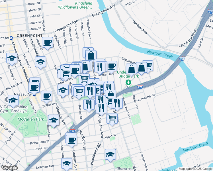 map of restaurants, bars, coffee shops, grocery stores, and more near 594 Morgan Avenue in Brooklyn