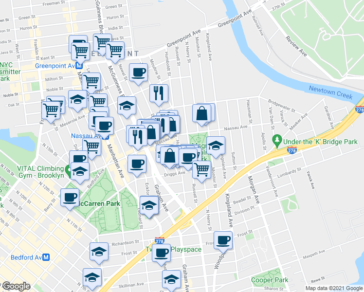 map of restaurants, bars, coffee shops, grocery stores, and more near 663 Humboldt Street in Brooklyn