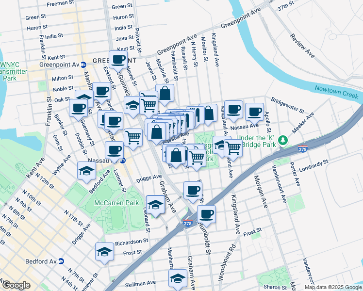map of restaurants, bars, coffee shops, grocery stores, and more near 663 Humboldt Street in Brooklyn