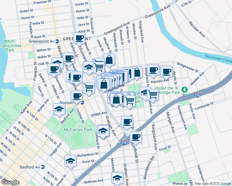 map of restaurants, bars, coffee shops, grocery stores, and more near 663 Humboldt Street in Brooklyn