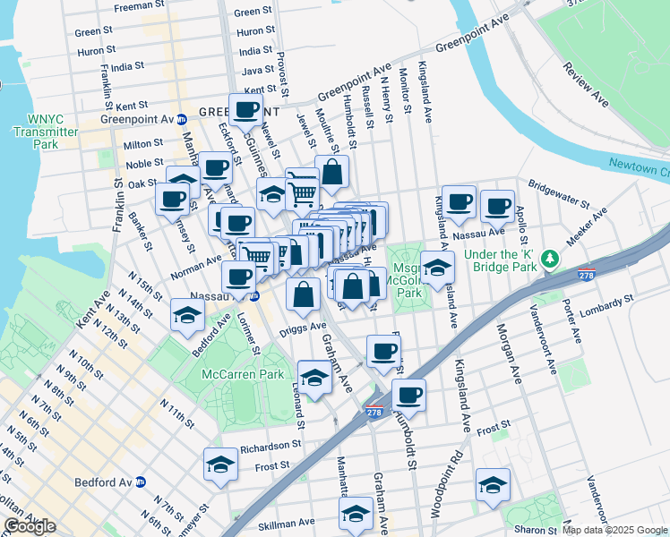 map of restaurants, bars, coffee shops, grocery stores, and more near 147 Nassau Avenue in Brooklyn