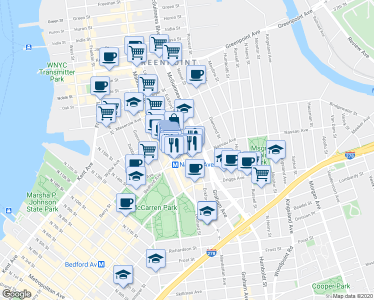 map of restaurants, bars, coffee shops, grocery stores, and more near 588 Leonard Street in Brooklyn