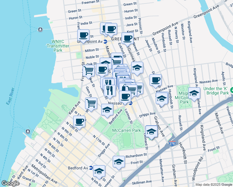 map of restaurants, bars, coffee shops, grocery stores, and more near 62 Norman Avenue in Brooklyn