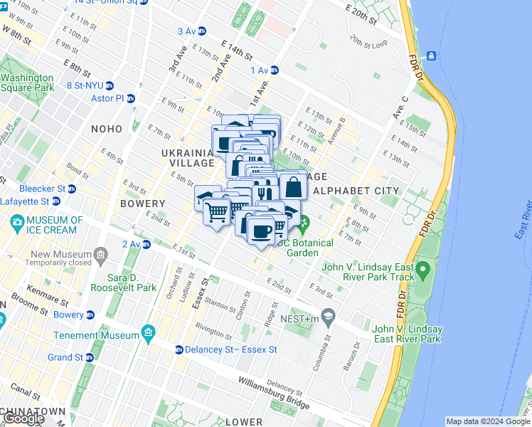map of restaurants, bars, coffee shops, grocery stores, and more near 518 East 6th Street in New York