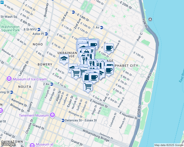 map of restaurants, bars, coffee shops, grocery stores, and more near 518 East 6th Street in New York