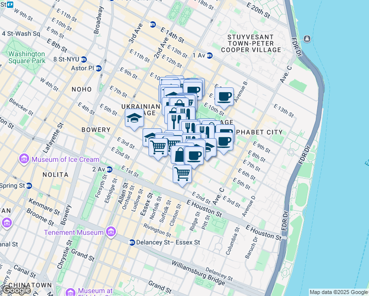 map of restaurants, bars, coffee shops, grocery stores, and more near 518 East 6th Street in New York