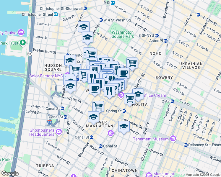 map of restaurants, bars, coffee shops, grocery stores, and more near 110 Prince Street in New York