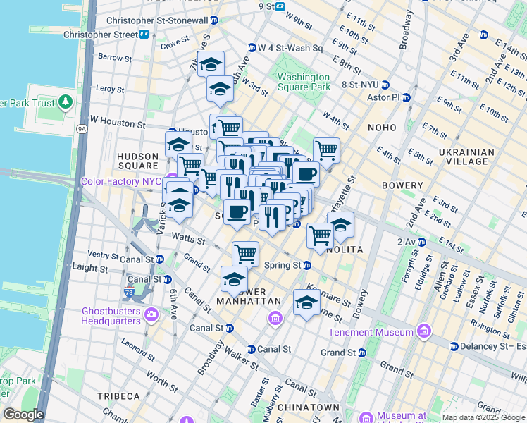 map of restaurants, bars, coffee shops, grocery stores, and more near 110 Prince Street in New York