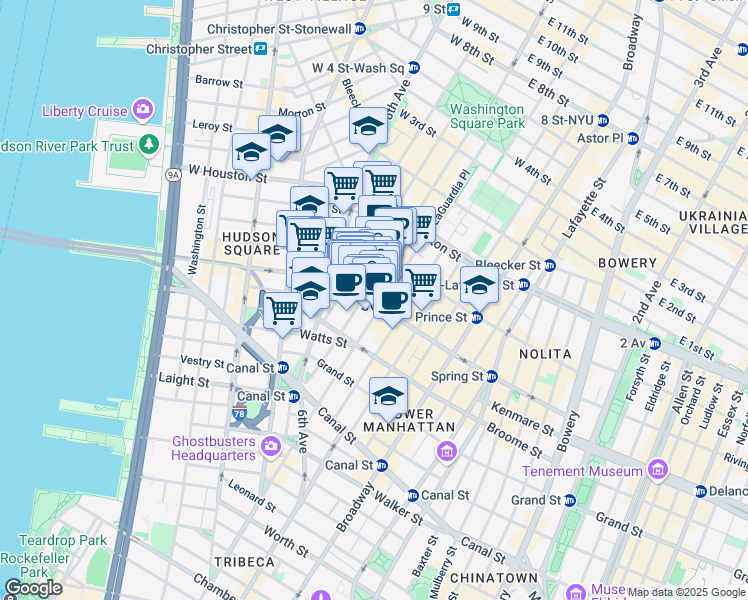 map of restaurants, bars, coffee shops, grocery stores, and more near in New York