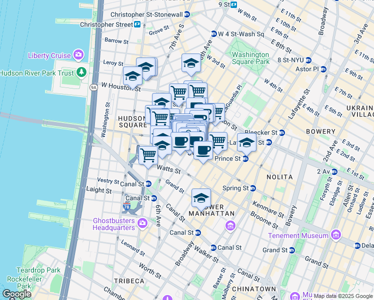 map of restaurants, bars, coffee shops, grocery stores, and more near in New York