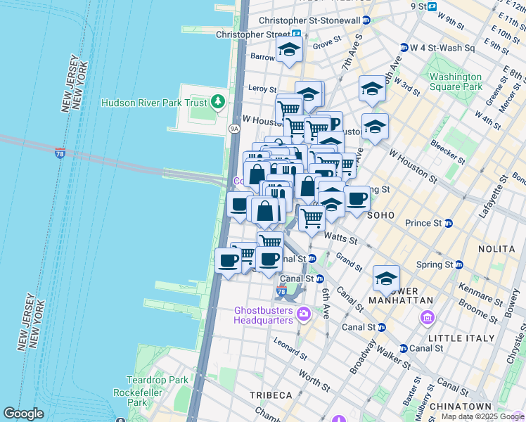 map of restaurants, bars, coffee shops, grocery stores, and more near 15 Renwick Street in New York