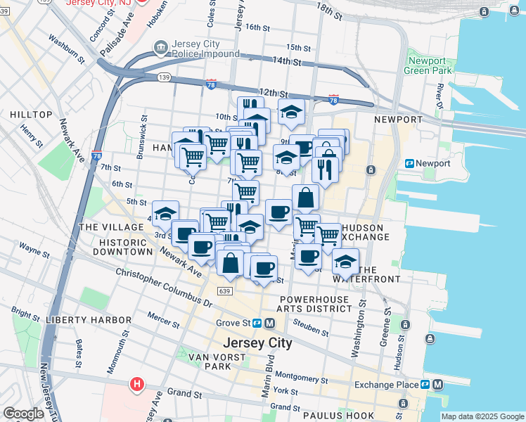 map of restaurants, bars, coffee shops, grocery stores, and more near 441 Manila Avenue in Jersey City