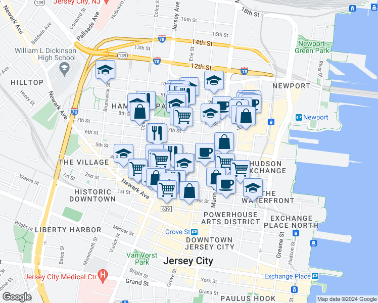map of restaurants, bars, coffee shops, grocery stores, and more near 441 Manila Avenue in Jersey City