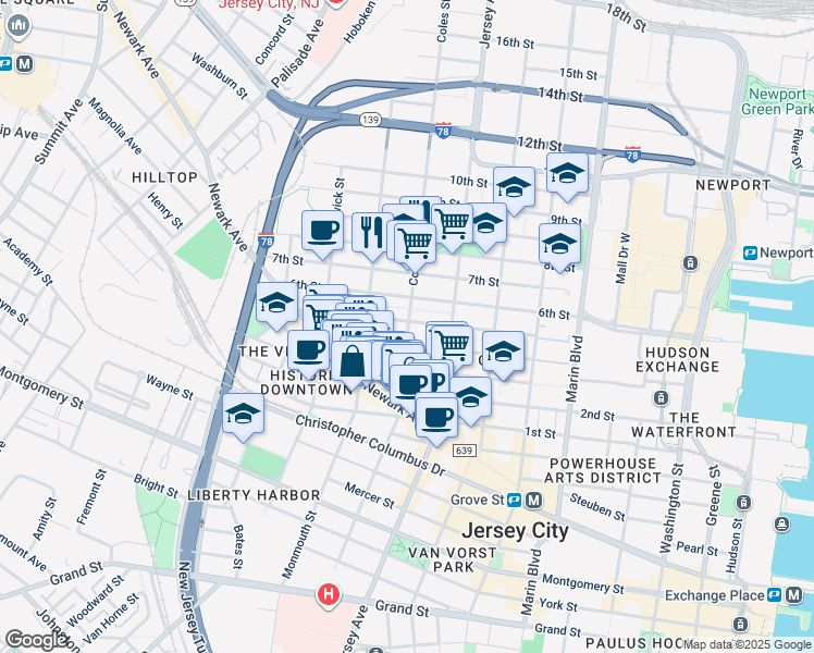 map of restaurants, bars, coffee shops, grocery stores, and more near in Jersey City