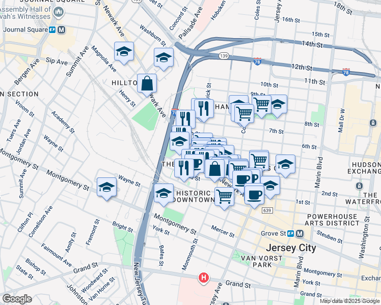map of restaurants, bars, coffee shops, grocery stores, and more near 204 Merseles Street in Jersey City