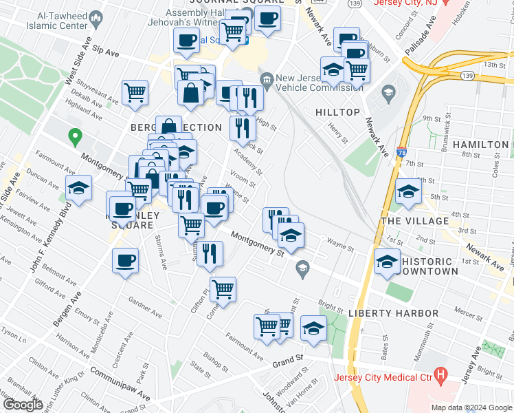 map of restaurants, bars, coffee shops, grocery stores, and more near 9 Gray Street in Jersey City