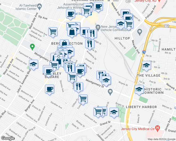 map of restaurants, bars, coffee shops, grocery stores, and more near 9 Gray Street in Jersey City