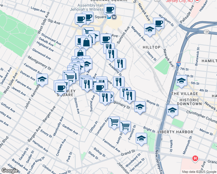 map of restaurants, bars, coffee shops, grocery stores, and more near 9 Gray Street in Jersey City