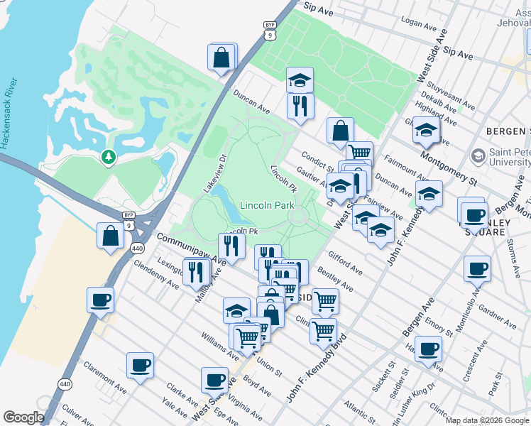 map of restaurants, bars, coffee shops, grocery stores, and more near 679 West Side Avenue in Jersey City