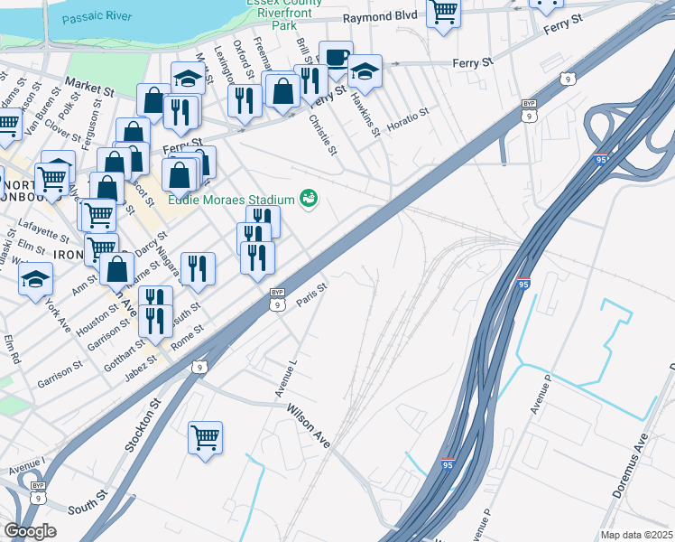 map of restaurants, bars, coffee shops, grocery stores, and more near 150 Saint Charles Street in Newark