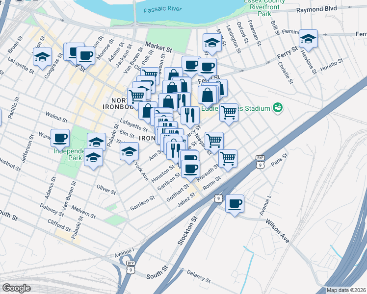 map of restaurants, bars, coffee shops, grocery stores, and more near 27 Darcy Street in Newark