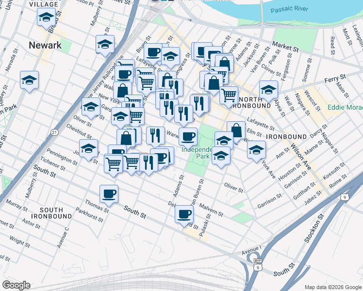 map of restaurants, bars, coffee shops, grocery stores, and more near 81 Nichols Street in Newark