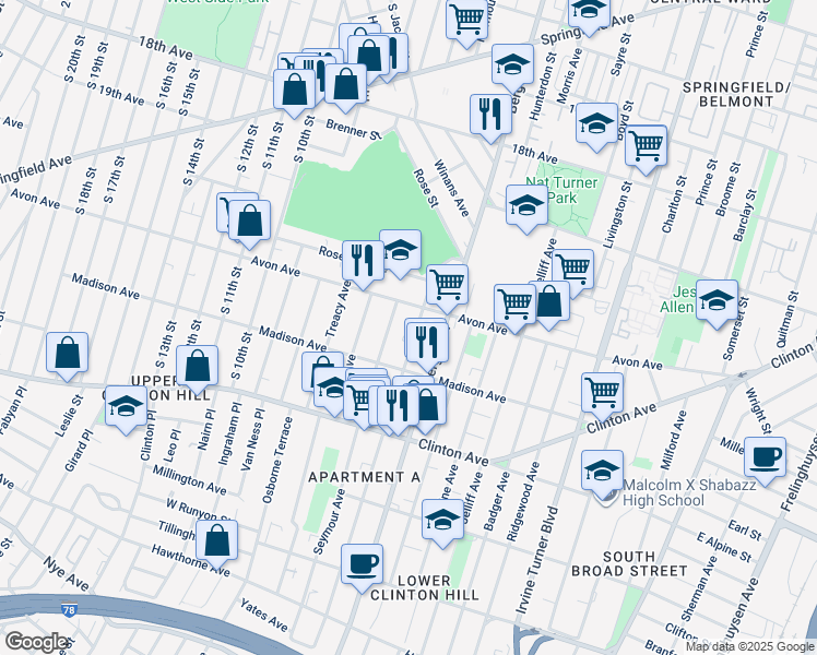 map of restaurants, bars, coffee shops, grocery stores, and more near 14 Seymour Avenue in Newark