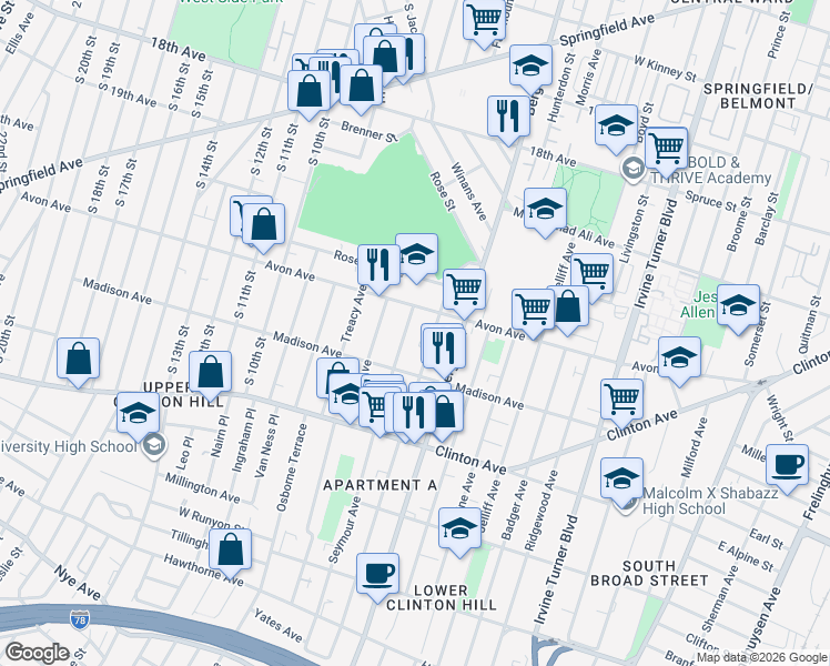 map of restaurants, bars, coffee shops, grocery stores, and more near 14 Seymour Avenue in Newark