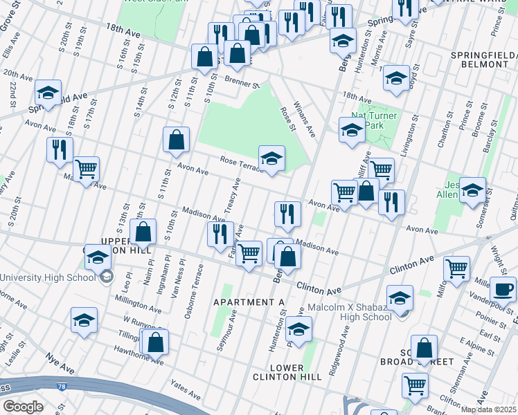 map of restaurants, bars, coffee shops, grocery stores, and more near 15 Farley Avenue in Newark