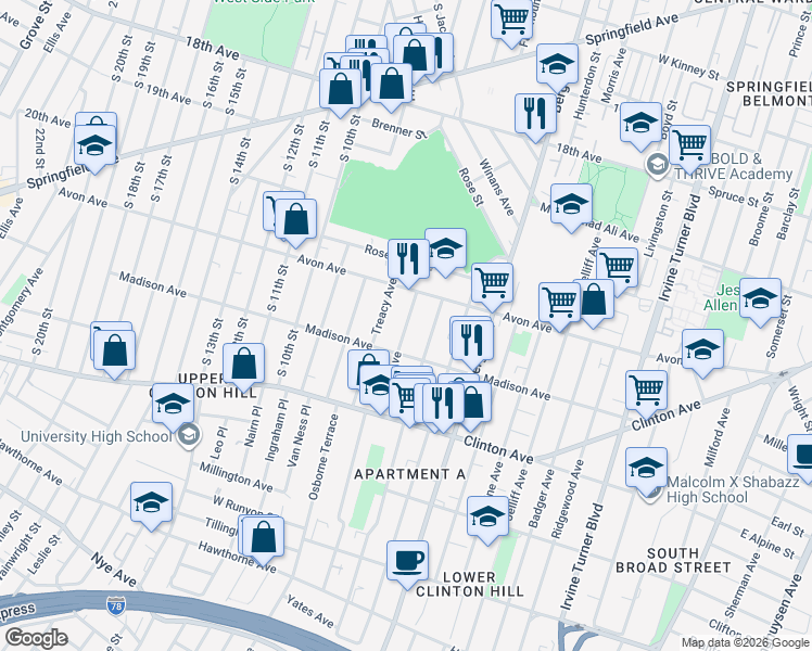 map of restaurants, bars, coffee shops, grocery stores, and more near 15 Farley Avenue in Newark