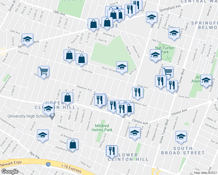 map of restaurants, bars, coffee shops, grocery stores, and more near 15 Farley Avenue in Newark