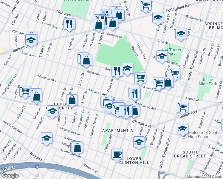 map of restaurants, bars, coffee shops, grocery stores, and more near 49 Treacy Avenue in Newark