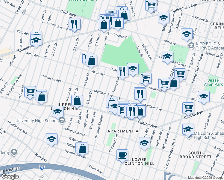 map of restaurants, bars, coffee shops, grocery stores, and more near 49 Treacy Avenue in Newark