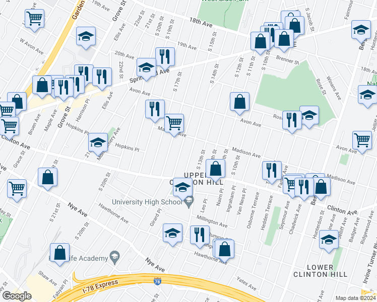 map of restaurants, bars, coffee shops, grocery stores, and more near 846 South 15th Street in Newark
