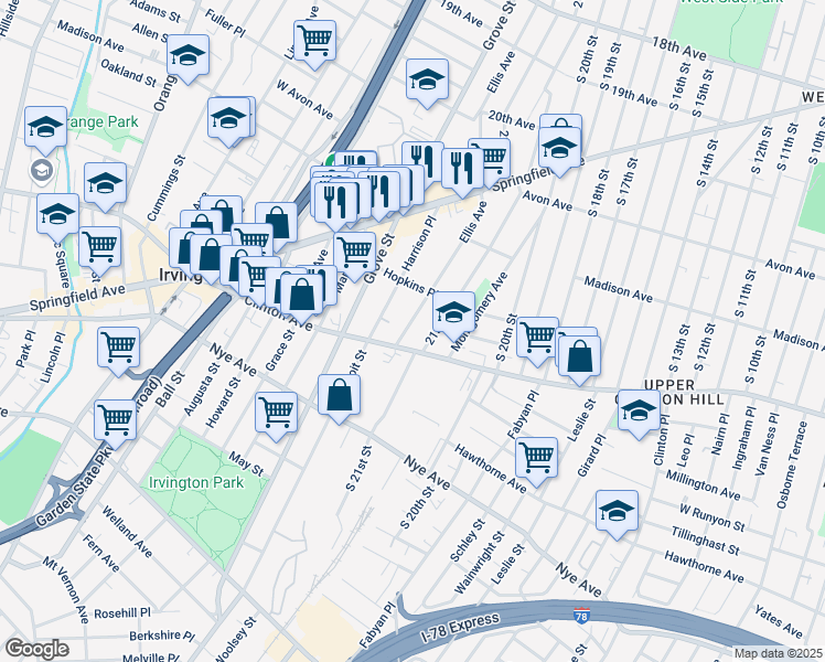 map of restaurants, bars, coffee shops, grocery stores, and more near 24 Ellis Avenue in Irvington