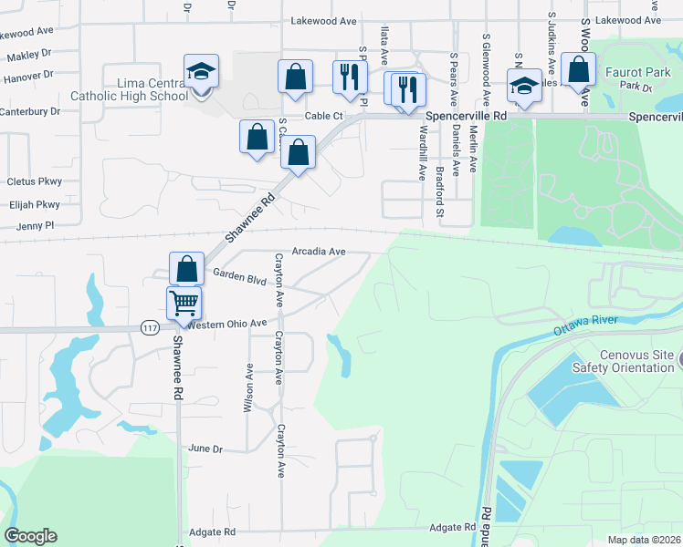 map of restaurants, bars, coffee shops, grocery stores, and more near 869 Berryman Boulevard in Lima