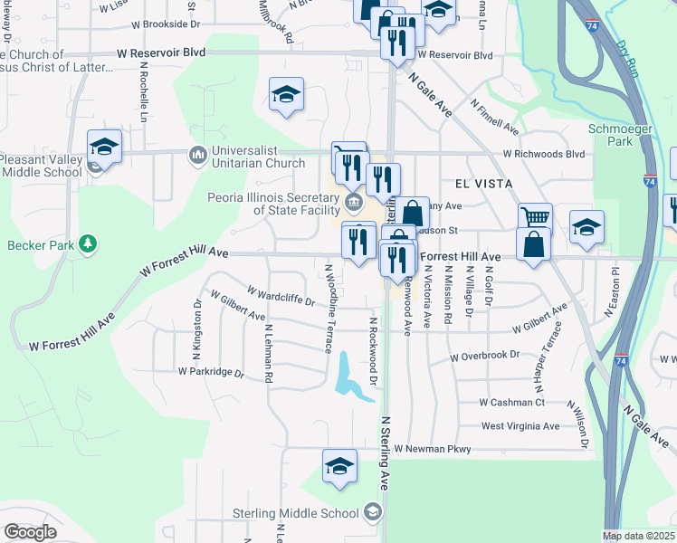 map of restaurants, bars, coffee shops, grocery stores, and more near 2612 West Forrest Hill Avenue in Peoria