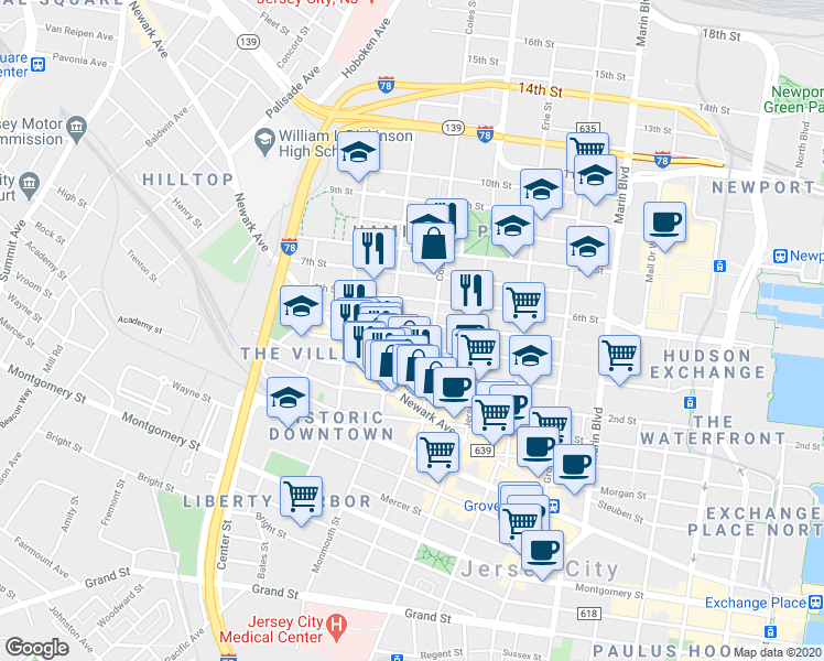 map of restaurants, bars, coffee shops, grocery stores, and more near 321 5th Street in Jersey City