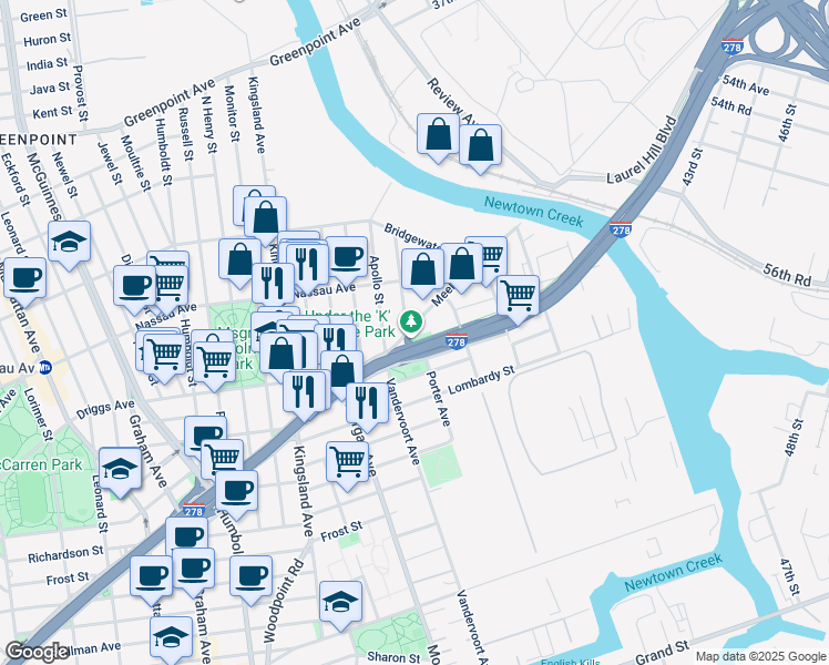 map of restaurants, bars, coffee shops, grocery stores, and more near 812 Meeker Avenue in Brooklyn