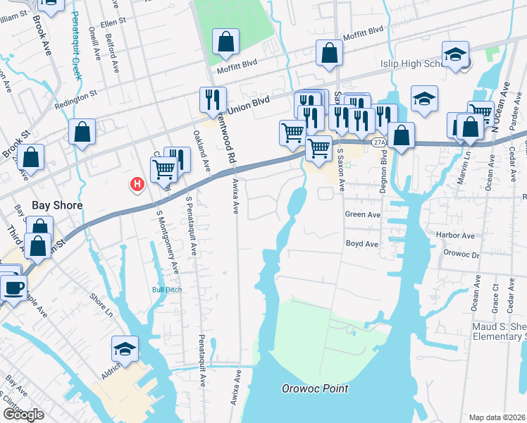 map of restaurants, bars, coffee shops, grocery stores, and more near 23 Oakmont Ln in Bay Shore