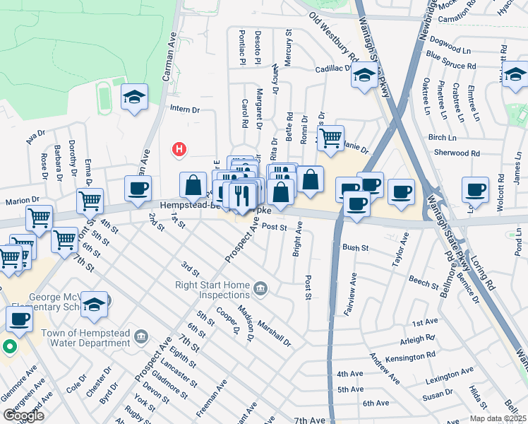 map of restaurants, bars, coffee shops, grocery stores, and more near 2350 Hempstead Turnpike in East Meadow