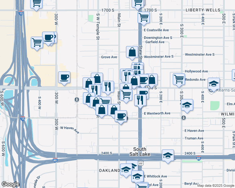 map of restaurants, bars, coffee shops, grocery stores, and more near 2150 South Main Street in South Salt Lake