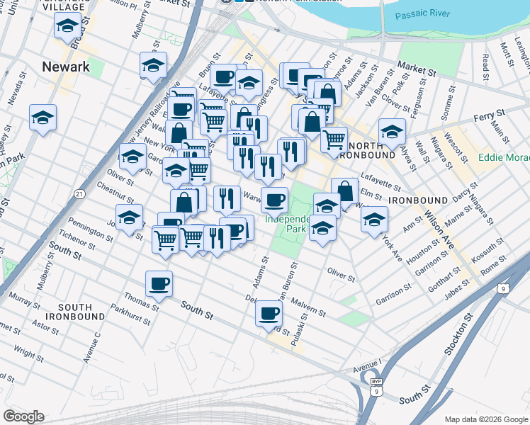 map of restaurants, bars, coffee shops, grocery stores, and more near 81 Nichols Street in Newark