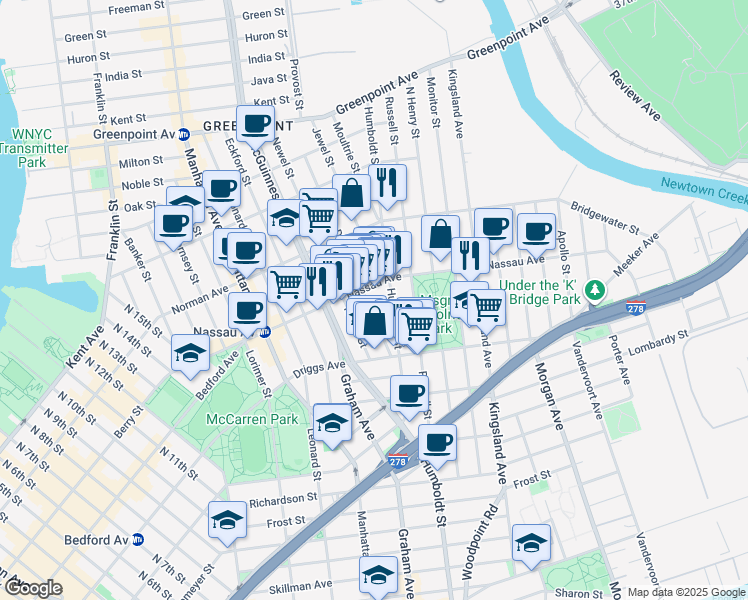 map of restaurants, bars, coffee shops, grocery stores, and more near 663 Humboldt Street in Brooklyn